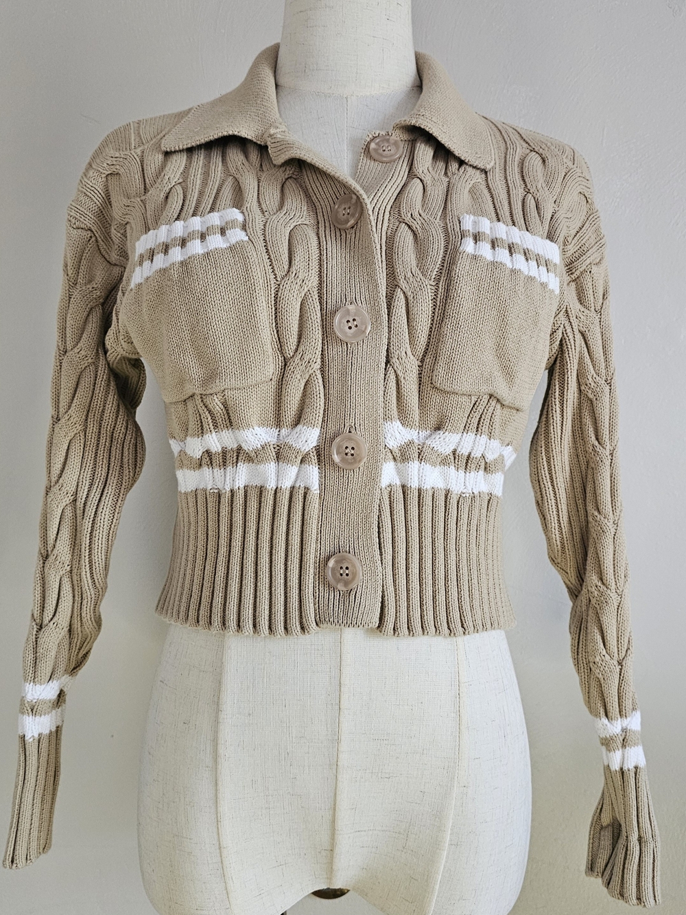 Forever 21 Beige Cropped Cable Knit Polo Cardigan with White Stripes Small